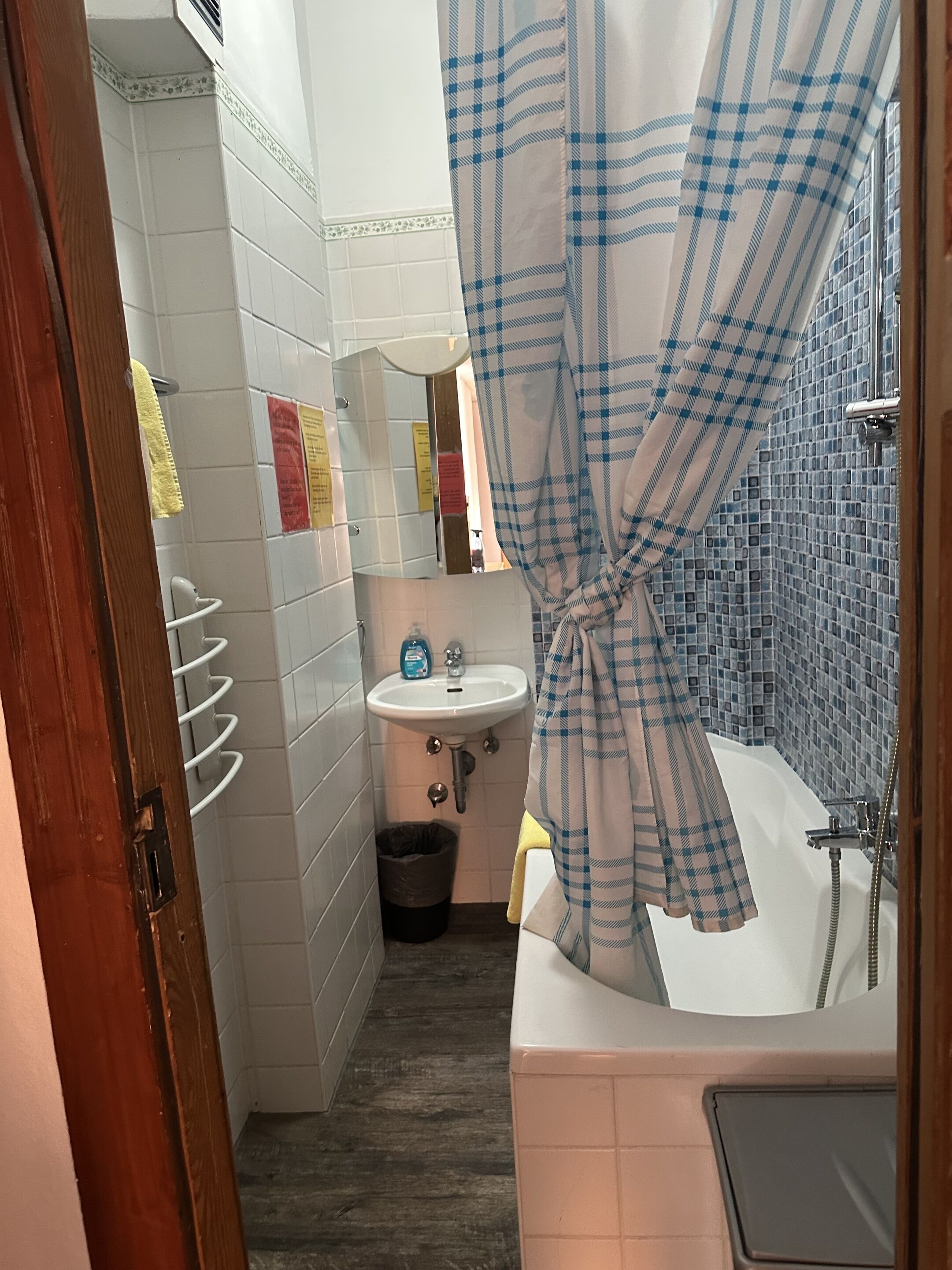 A bathroom with a white sink, a mirror, a white bathtub, and a blue checkered shower curtain.