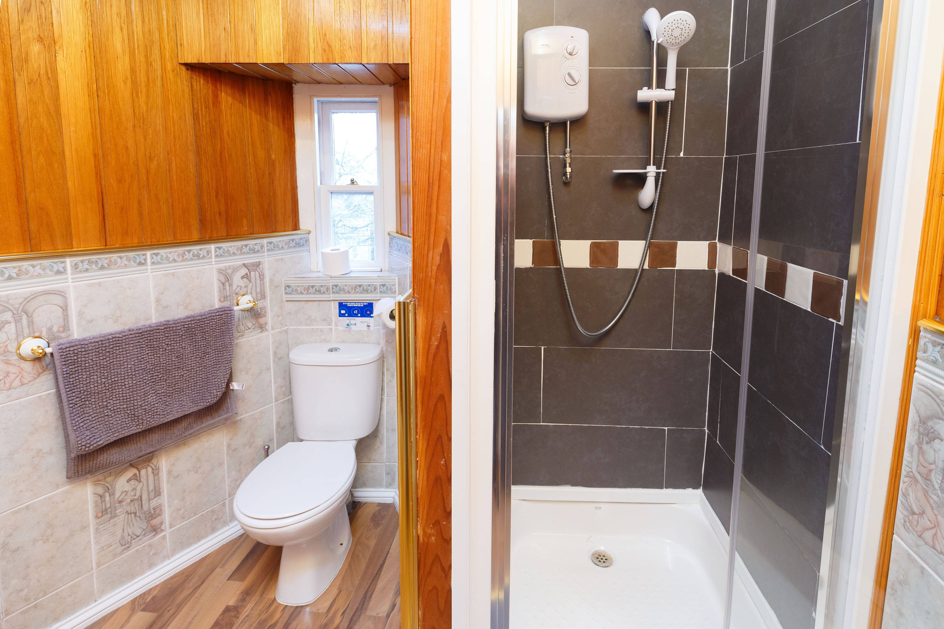 A bathroom with a toilet, a shower, and a towel hanging on the wall.