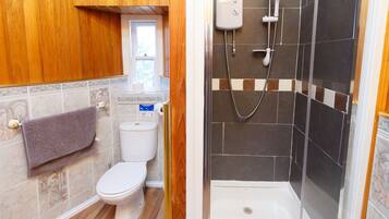 A bathroom with a toilet, a shower, and a towel hanging on the wall.