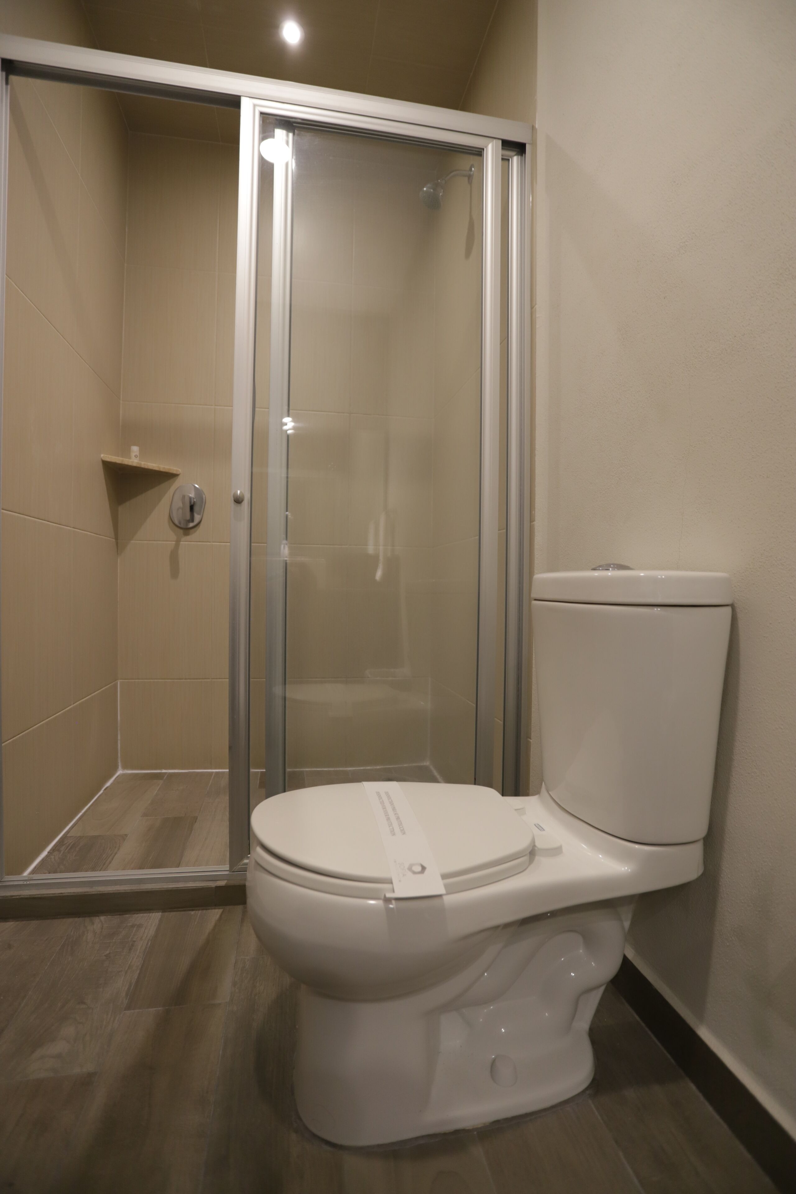 A bathroom with a glass-enclosed shower, a white toilet, and a wooden floor.