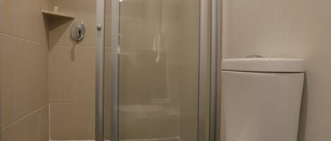 Un baño con ducha de vidrio, inodoro blanco y suelo de madera.