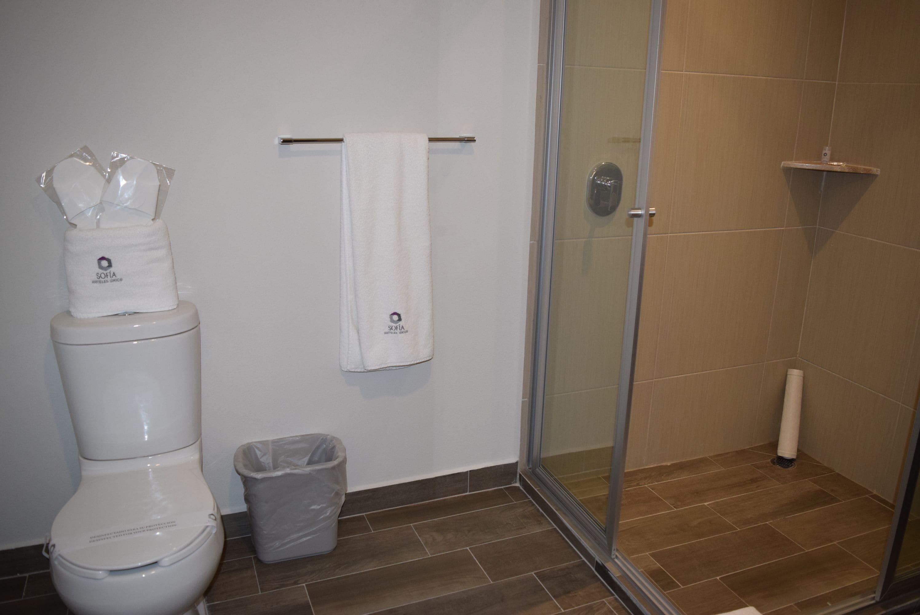 A bathroom with a toilet, a trash bin, a towel hanging on a rack, and a shower area.