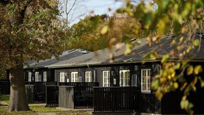 A row of black wooden cabins with multiple windows and a covered porch area. - Rorvig Centret (Rørvig)