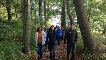 A group of people walking on a leaf-covered path in a forested area.