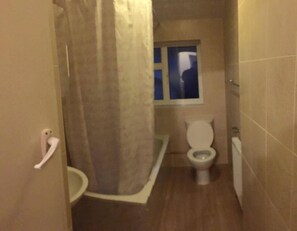 A small bathroom with a toilet, a window, and a shower curtain. - Dawpool House (London)