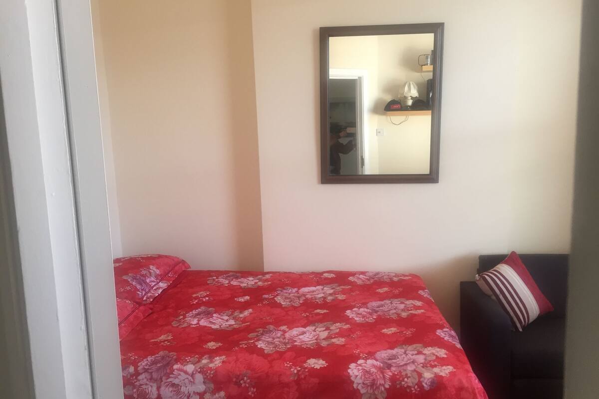 Une chambre à coucher avec un lit recouvert d’une couverture rouge à motifs floraux, un canapé de couleur sombre agrémenté d’un coussin à rayures et un miroir accroché au mur.