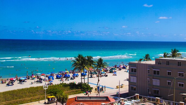 A beach with palm trees, umbrellas, and a building with multiple windows.