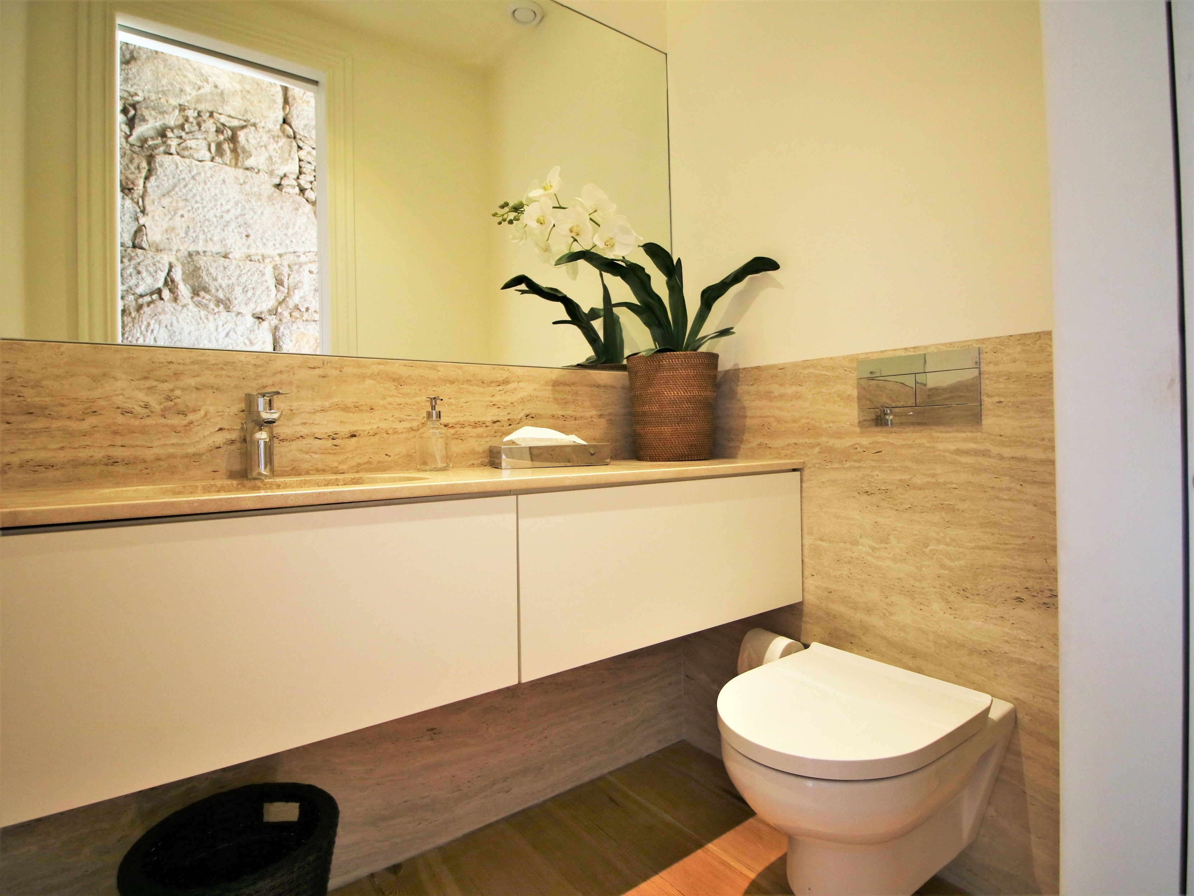A bathroom with a marble vanity, a toilet, and a potted plant.