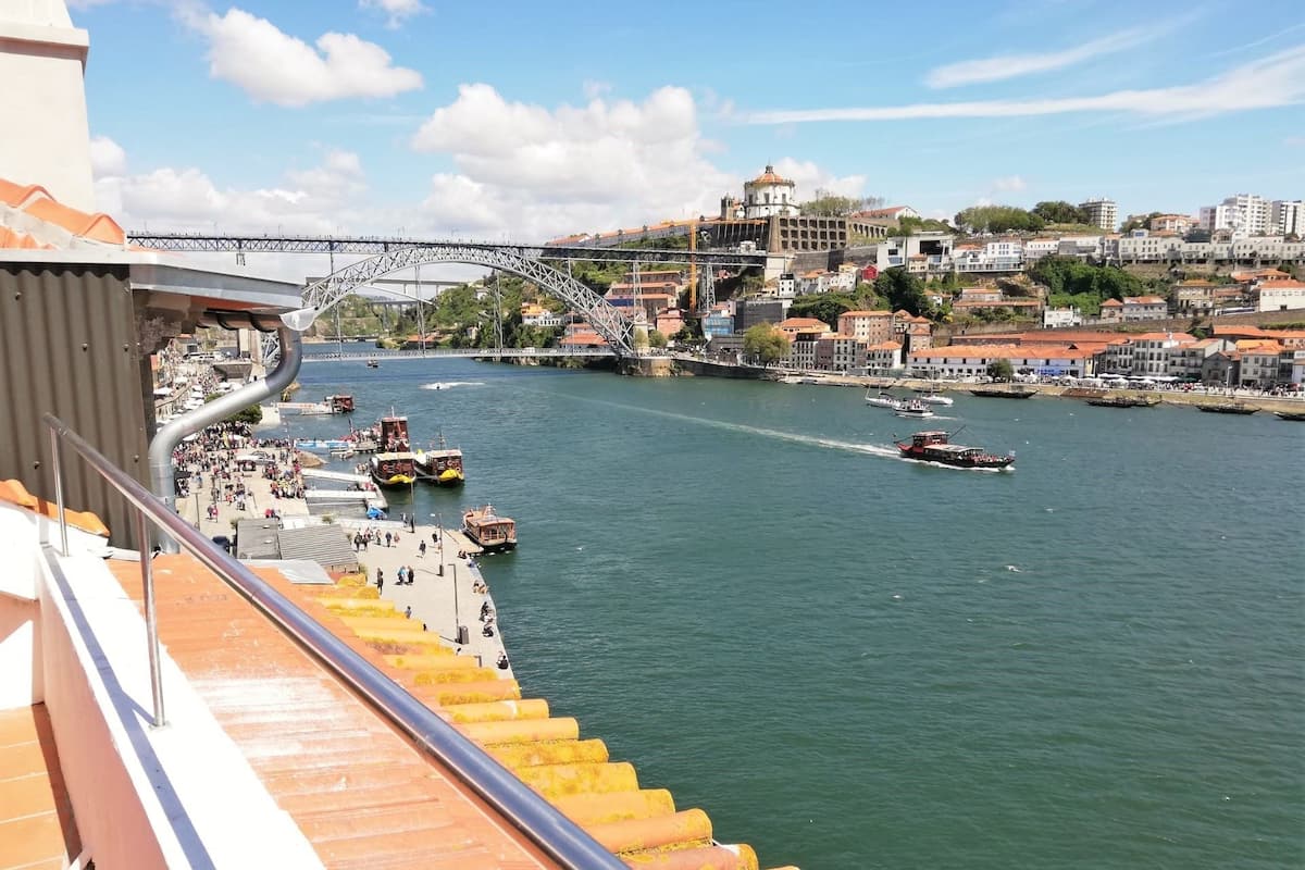 A river with boats, a bridge, and buildings in the background.