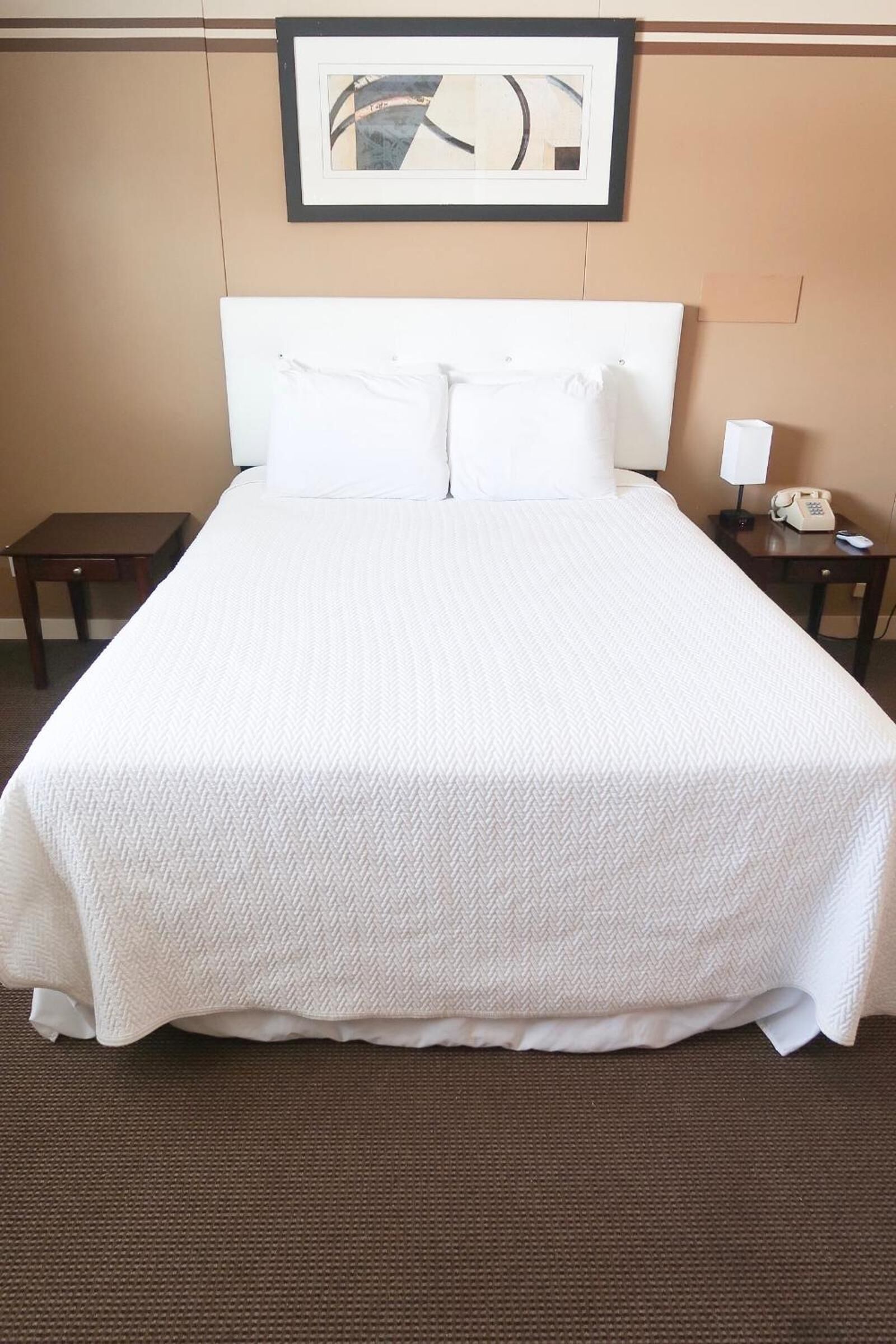 A hotel room with a large bed, a framed picture on the wall, a bedside table with a lamp, and a phone.