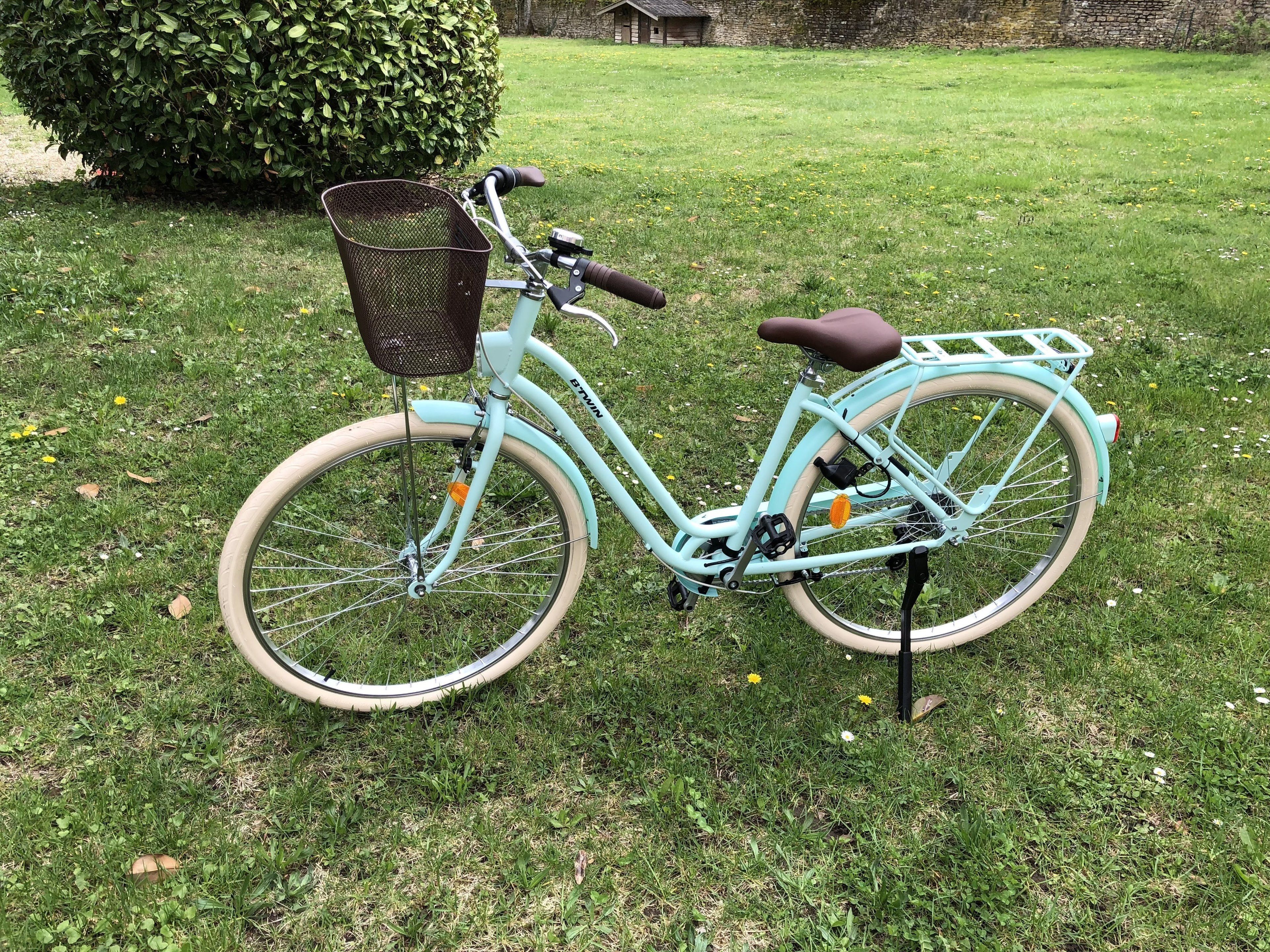 A light blue bicycle with a basket and a seat, parked on grass with a hedge and a stone wall in the background.