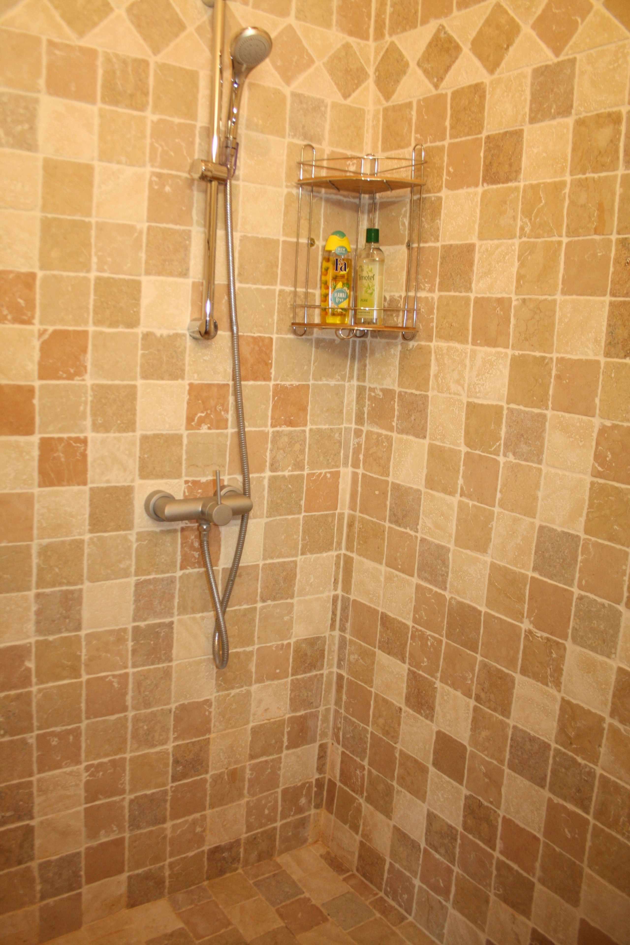 Ein Duschbereich mit gefliesten Wänden, einer Duschbrause und einem Ablagebereich für Toilettenartikel.