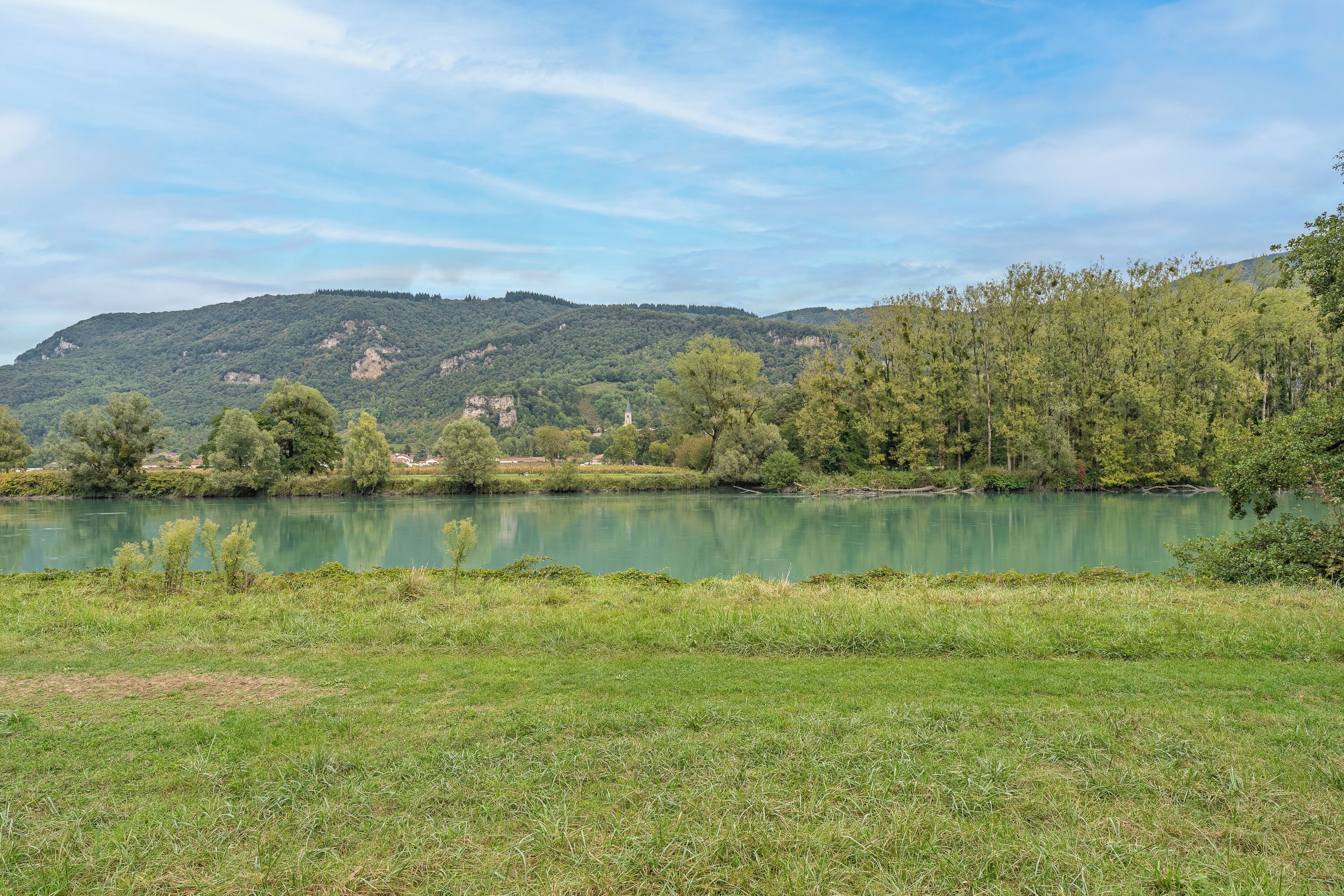 Un paisaje sereno con un río, riberas cubiertas de hierba y una colina boscosa al fondo.