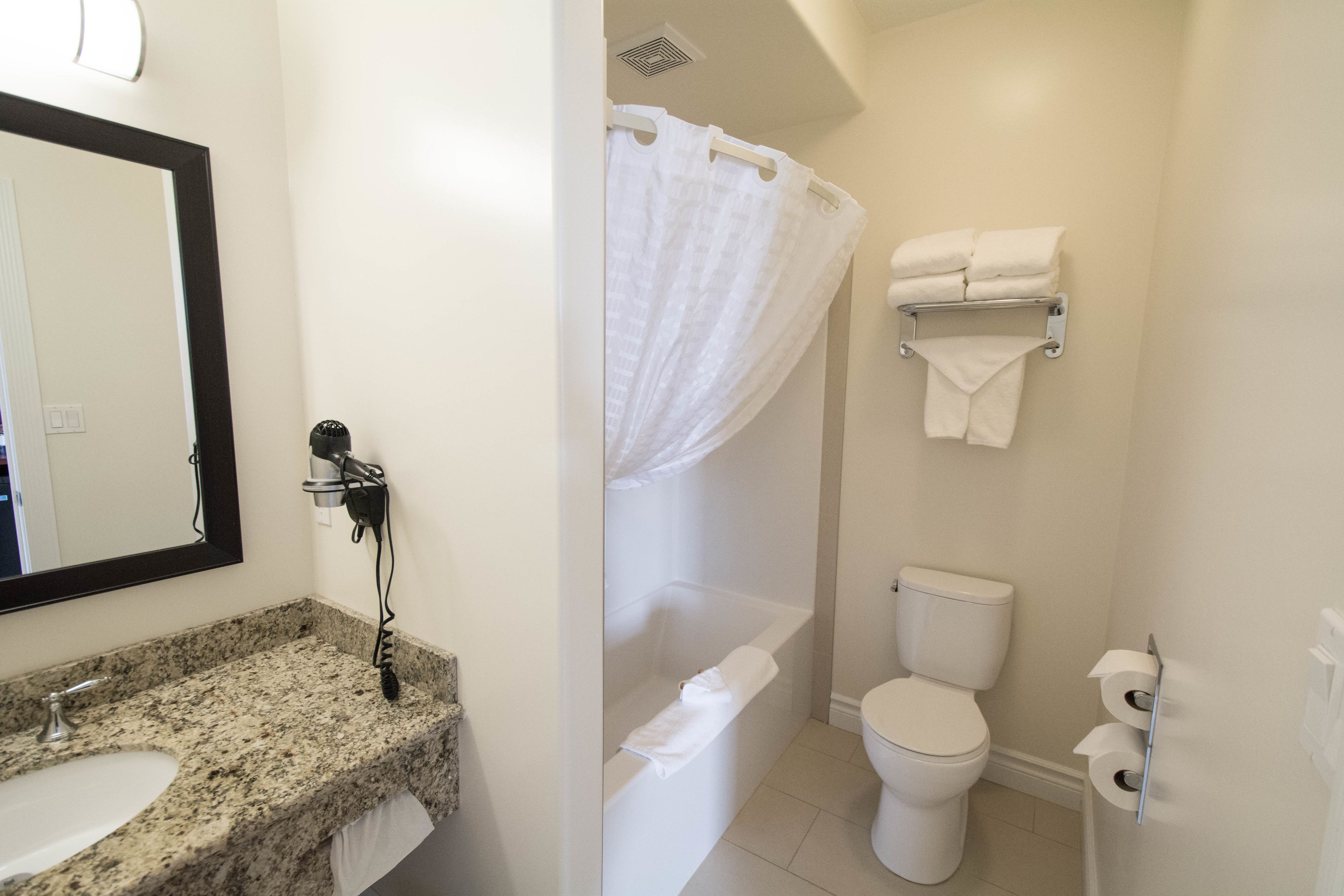 combined shower/bathtub, free toiletries, hair dryer, towels