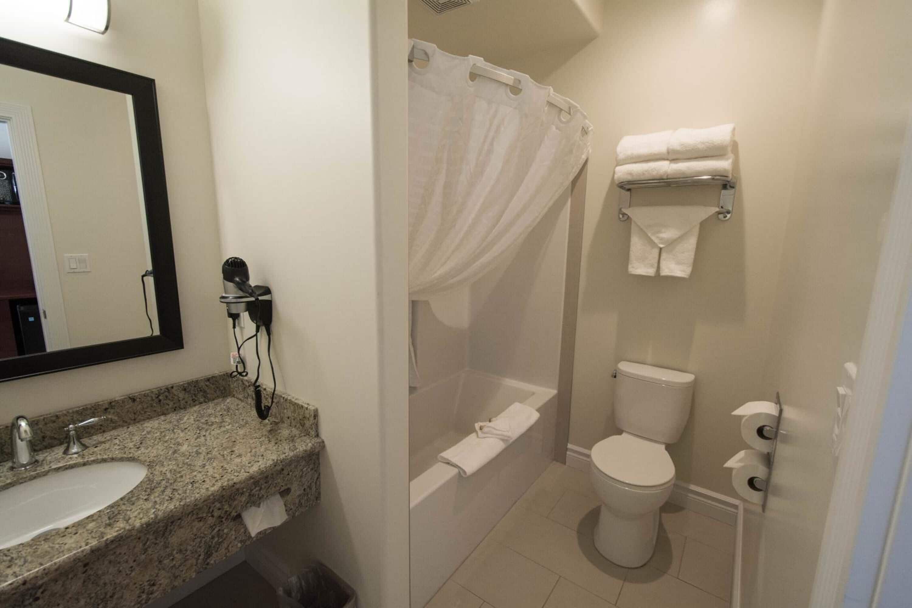 combined shower/bathtub, free toiletries, hair dryer, towels