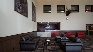 A lobby with leather sofas, a reception desk, and a moose head decoration. - Nova Inn Manning (Manning)