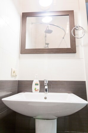 A bathroom with a white sink, a mirror, and a shower head. - Gallery Hostel Tbilisi (Tbilisi)