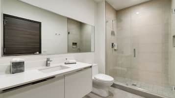 Une salle de bain moderne avec une douche à l’italienne en verre, un lavabo blanc et des toilettes.