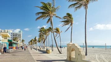 A beachside promenade with palm trees, a sandy beach, and a clear blue sky.