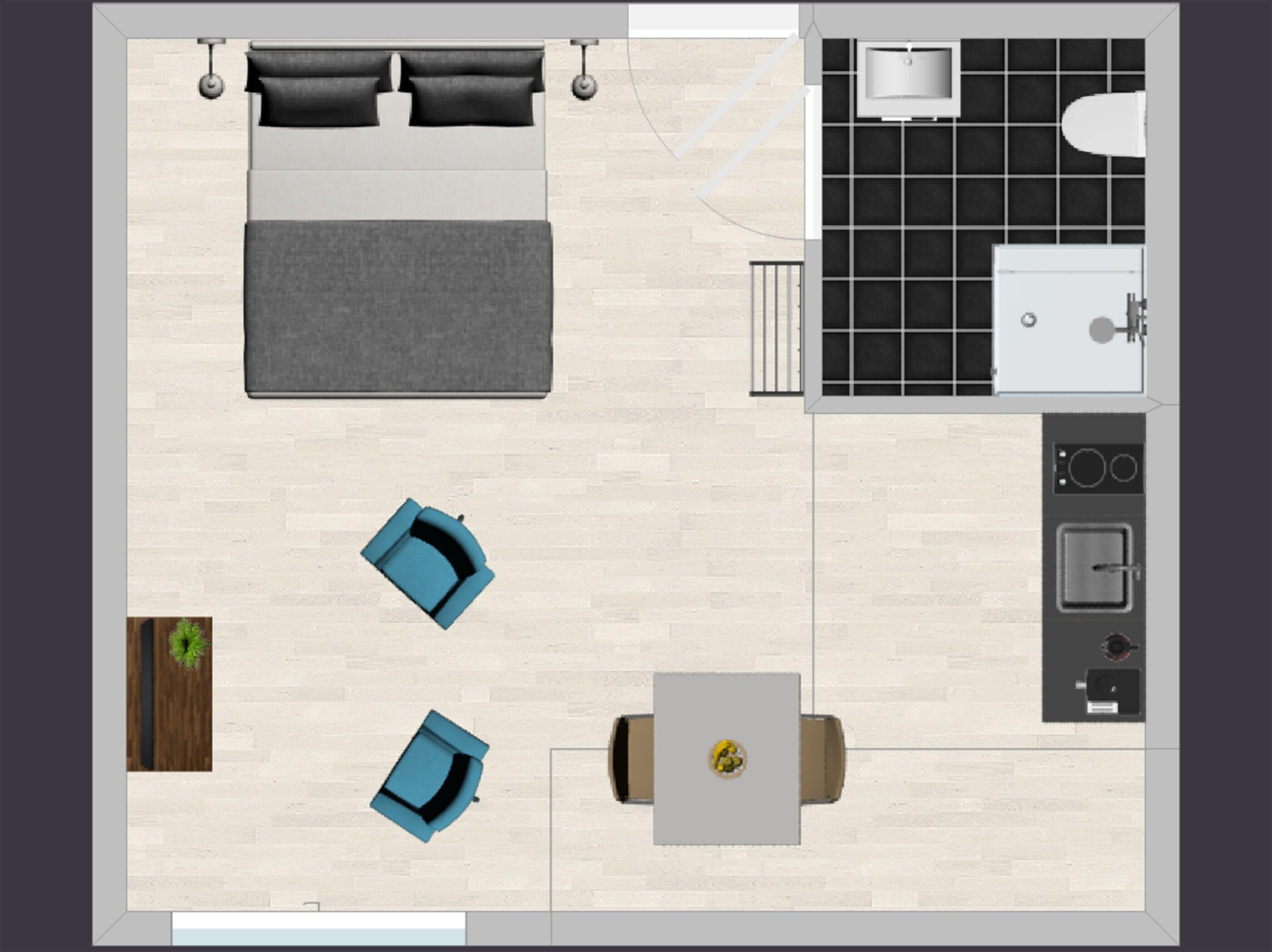 Distribución de una habitación de hotel con cama, dos zonas de estar, una mesita, kitchenette y baño.