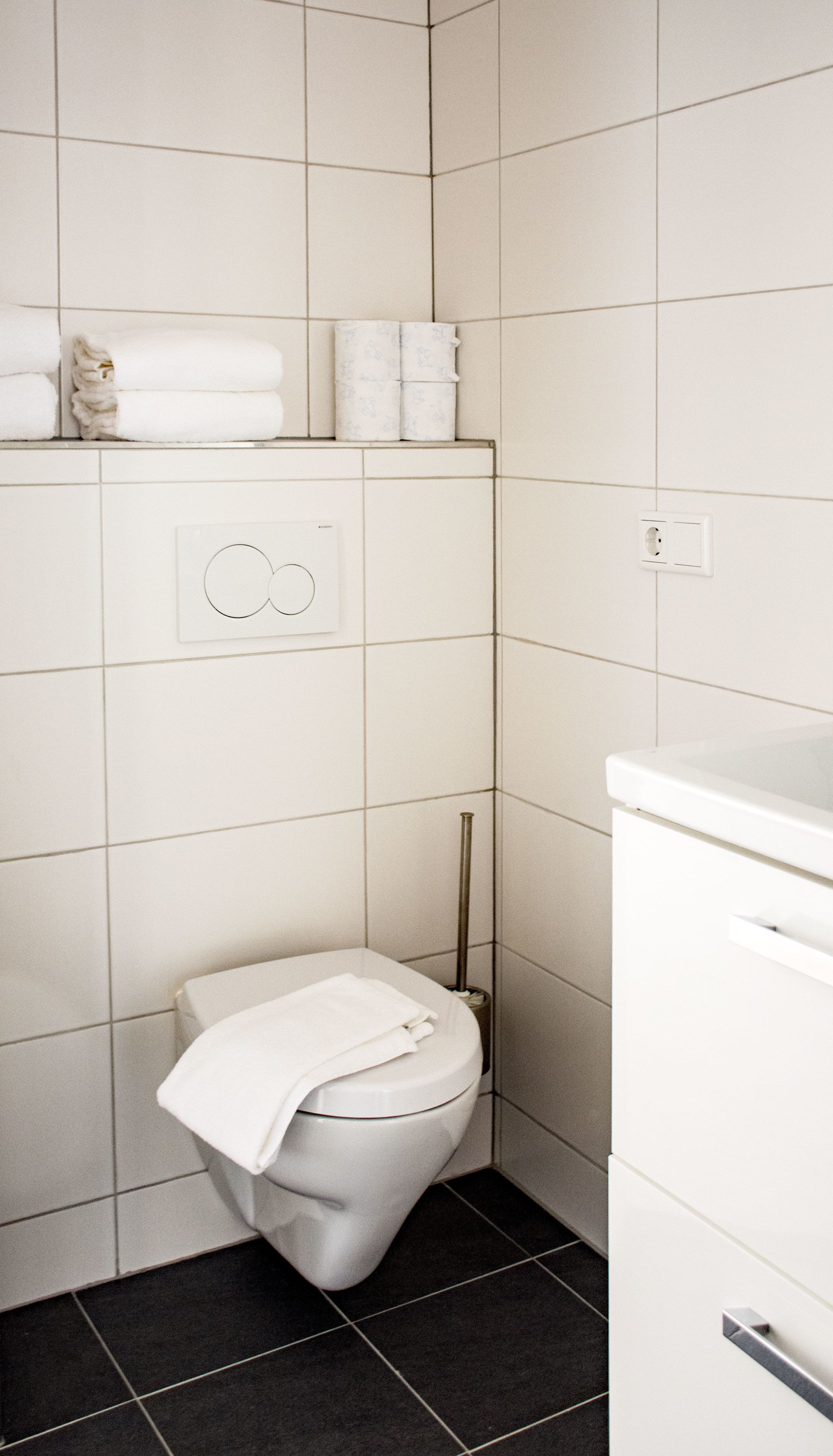 Un baño pequeño y moderno con inodoro, lavamanos y un estante con toallas.
