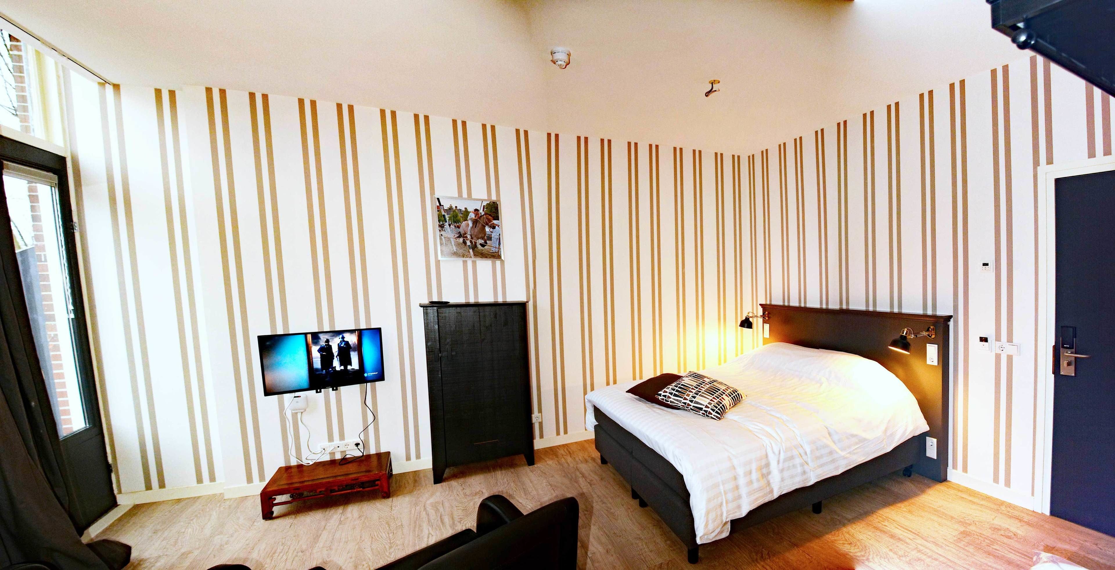 Une chambre à coucher avec un lit, une télévision, une armoire et une porte.