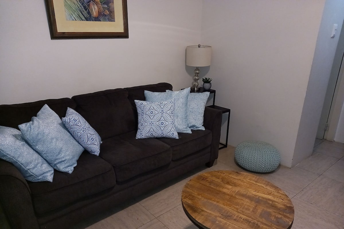 A living room with a dark brown sofa, patterned cushions, a wooden coffee table, a lamp, and a framed picture on the wall.