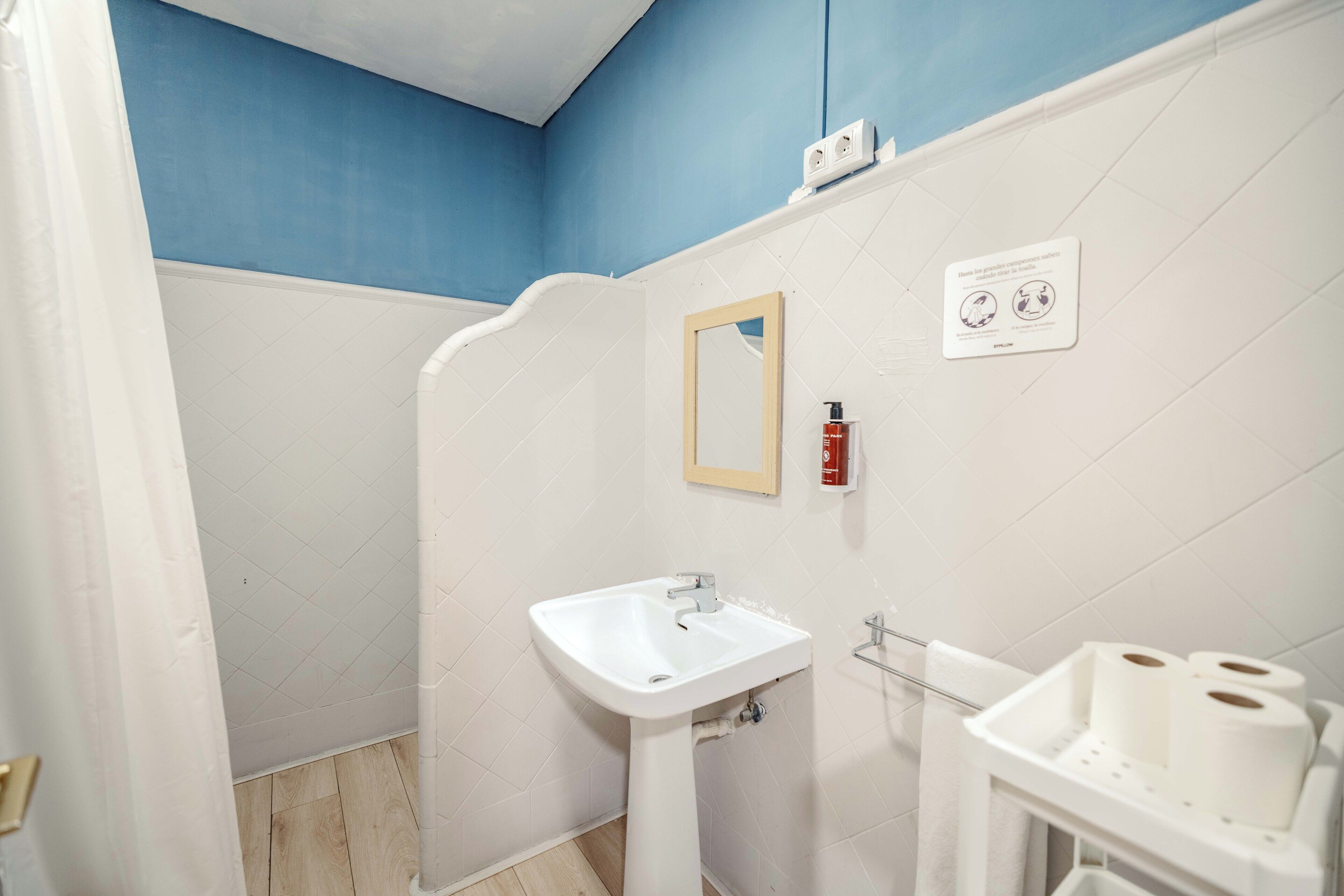 Economy eenpersoonskamer (Interior) | Badkamer | Een haardroger, handdoeken, zeep, shampoo