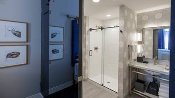 A modern bathroom with a glass shower enclosure, a vanity with a mirror, and framed artwork on the wall.