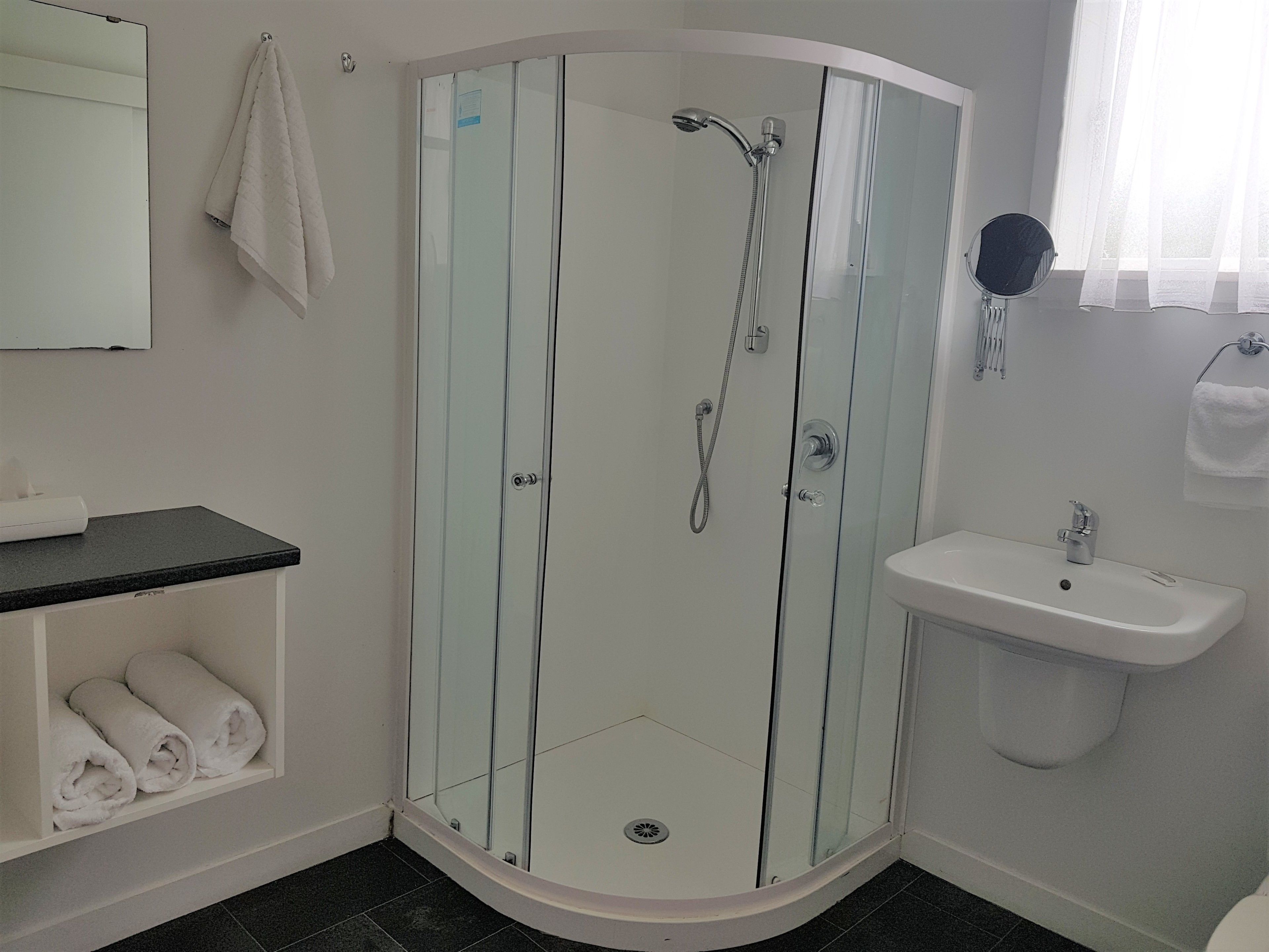 Shower, free toiletries, hair dryer, towels