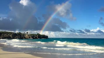 Nær stranden, solsenger og strandhåndklær