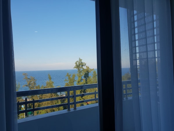 Un balcón con vista al mar y a los árboles.