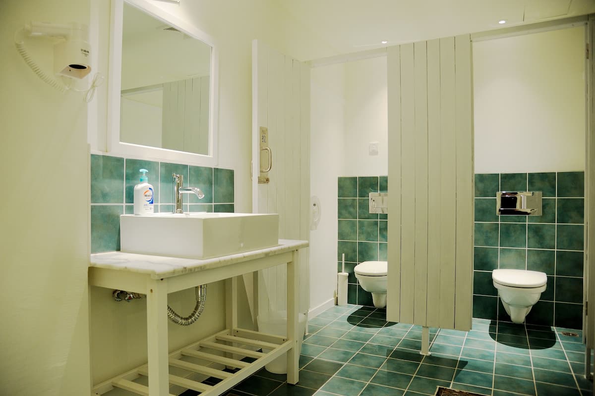 Shower, hair dryer, slippers, towels