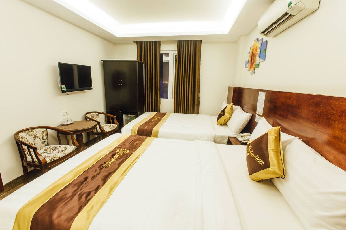 Habitación de hotel con dos camas, televisión, escritorio y una silla.