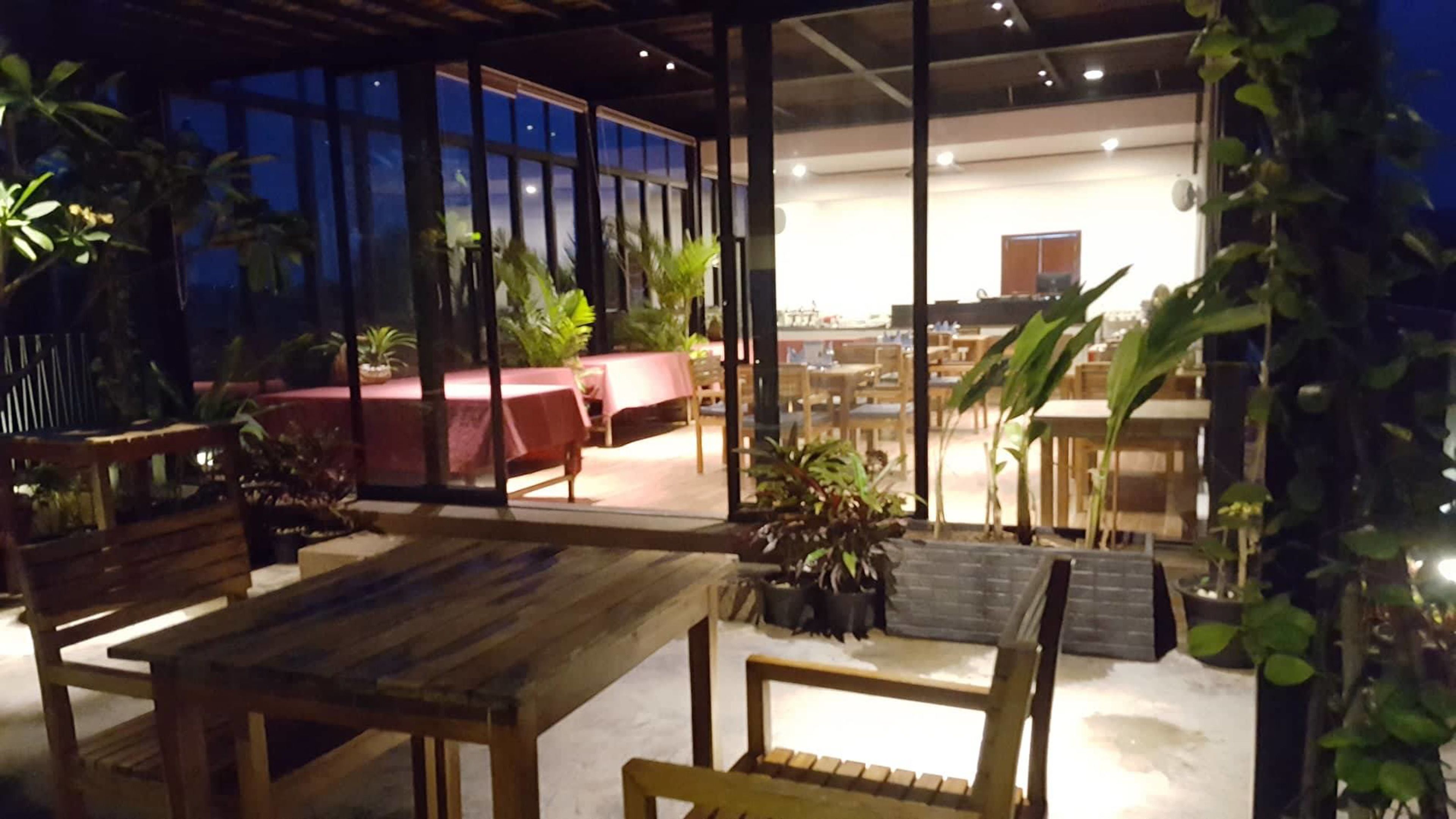 Un comedor interior con mesas y sillas de madera, plantas en macetas y vistas a través de amplios ventanales.