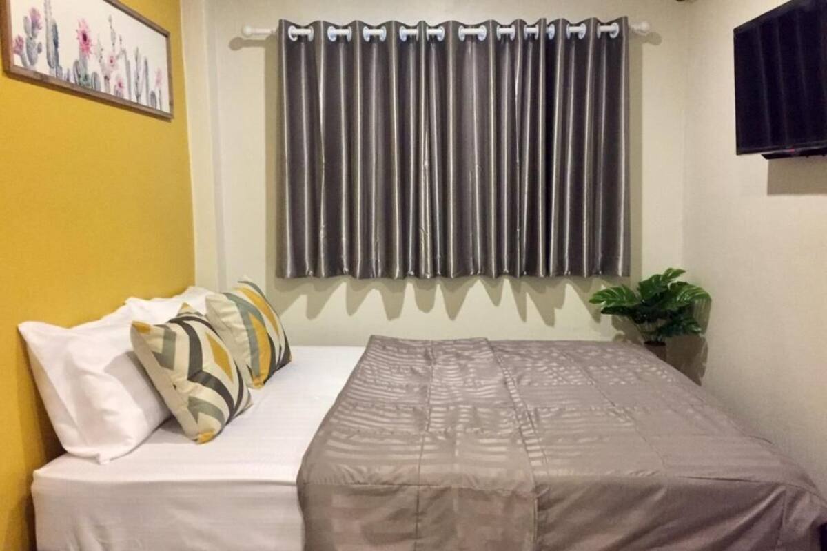 A bed with a gray bedspread, a white pillow, and patterned pillows. A plant is on the floor beside the bed.