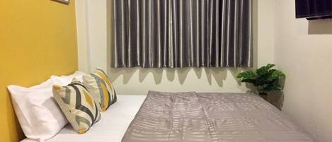 A bedroom with a bed, pillows, a curtain, a wall-mounted TV, and a plant.