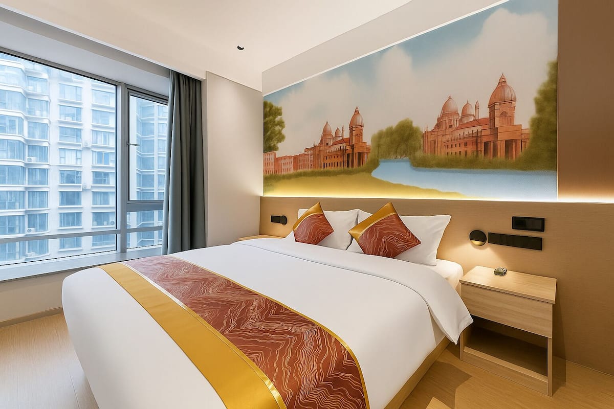 Habitación de hotel con una cama grande, una mesita de noche, una lámpara fijada a la pared y un ventanal con vistas a un edificio.