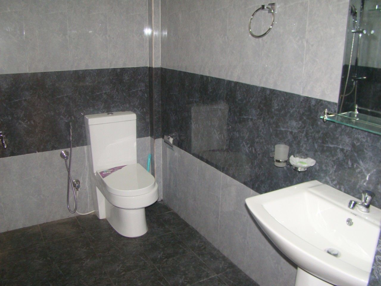Een badkamer met toilet, douchecabine en wastafel.