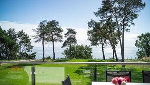 A table with chairs and a vase of flowers, overlooking a grassy area with trees and a view of the sea.