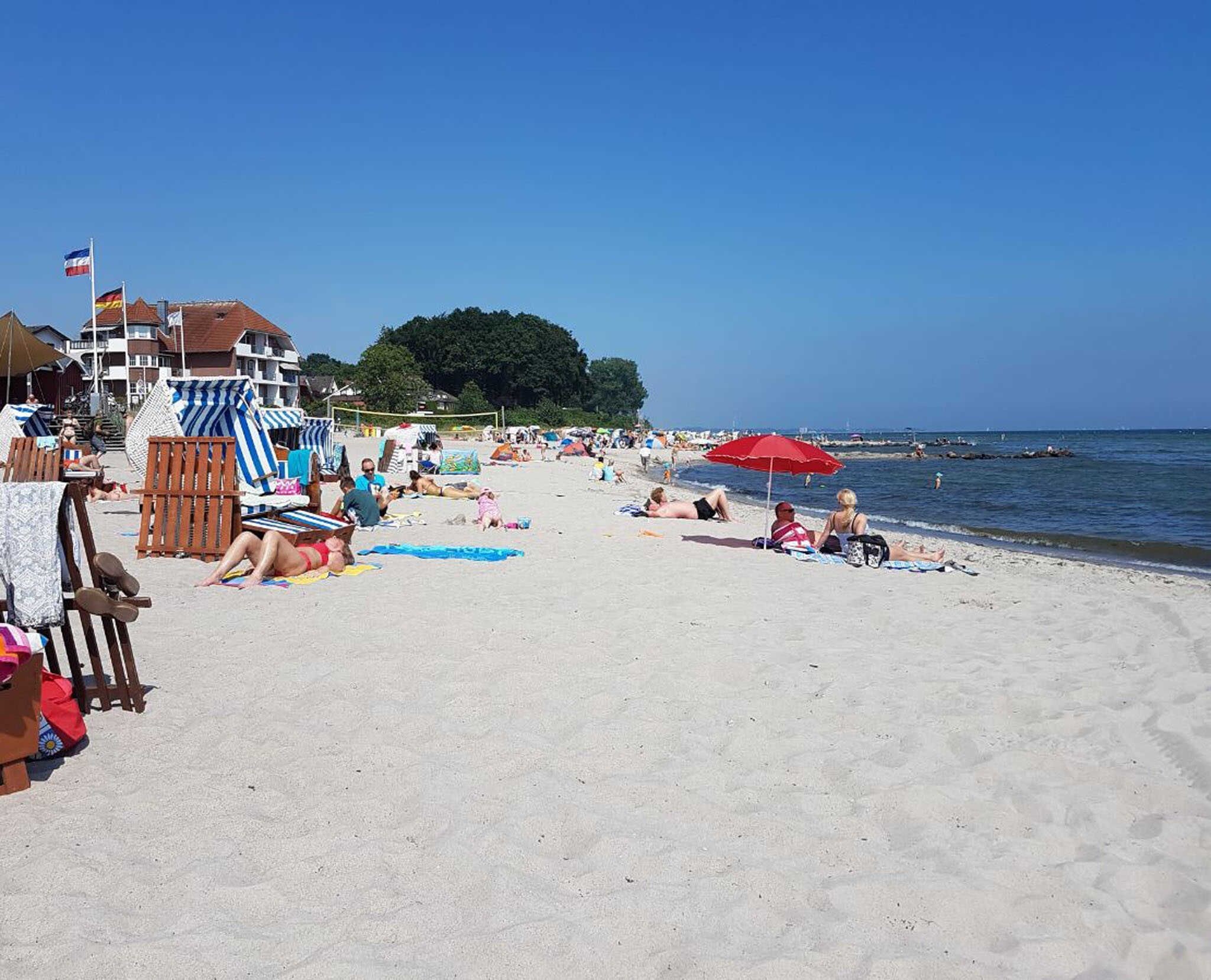 A beach with umbrellas, lounge chairs, and people relaxing.