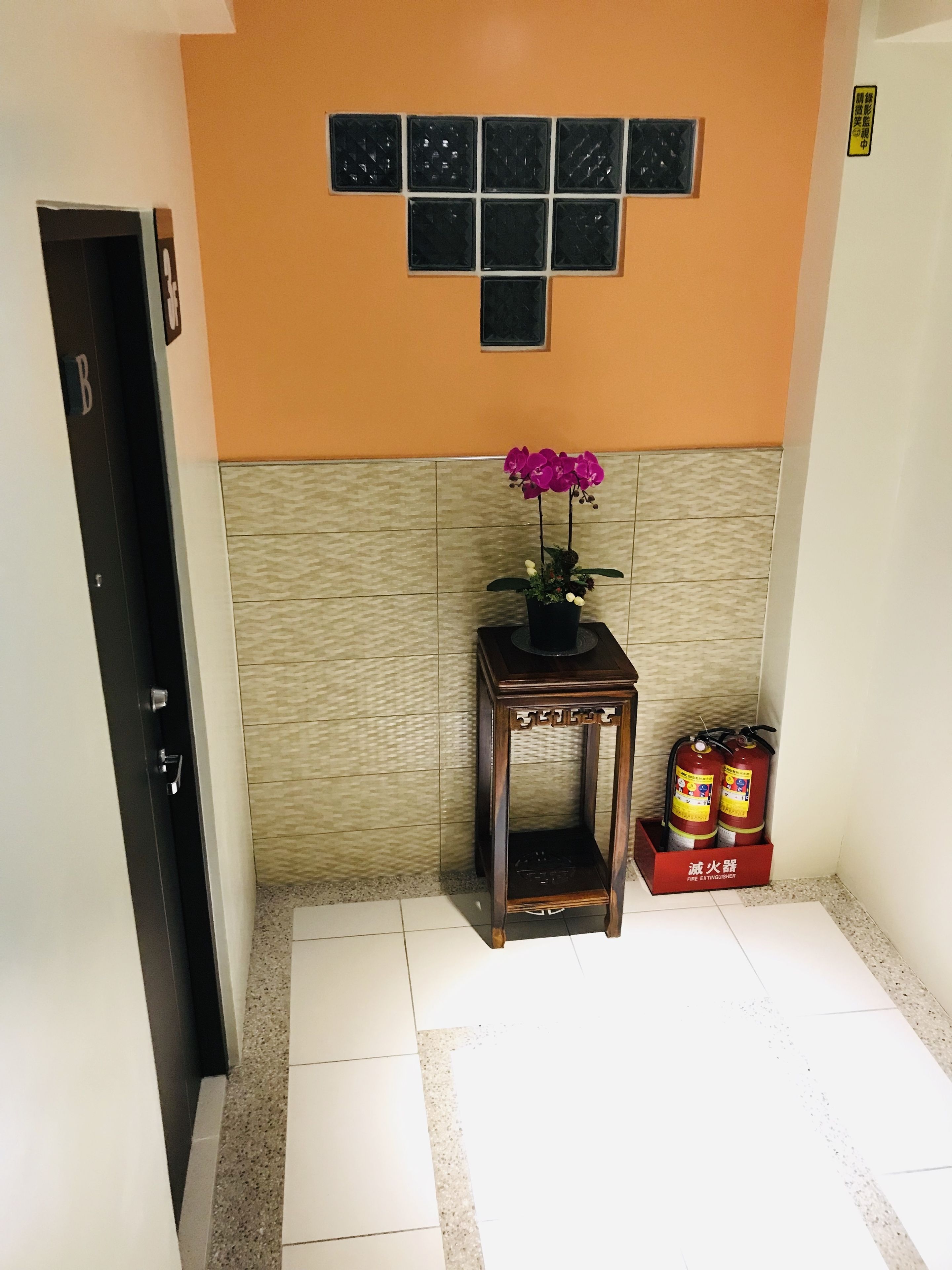 Een hoek met een zwarte deur, een klein houten tafeltje met een paarse orchidee en twee brandblussers op een rode doos.