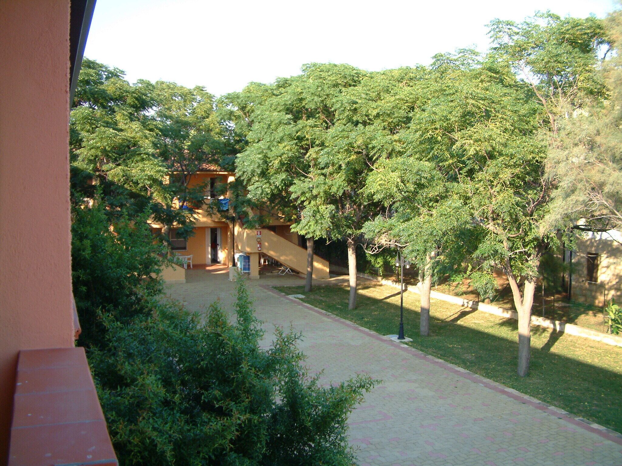A courtyard with trees, a building with a staircase, and a paved walkway.