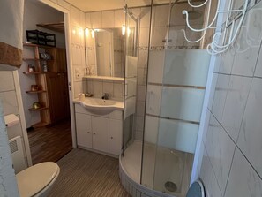 A bathroom with a toilet, sink, and shower.