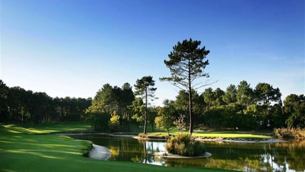 Un parcours de golf avec un étang, des arbres et un ciel dégagé.