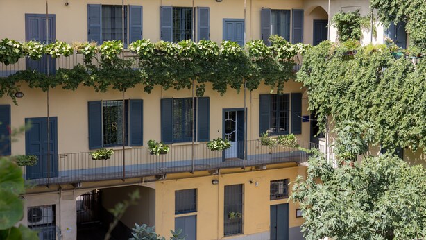 Un immeuble à plusieurs étages doté de balcons, dont certains sont ornés de plantes.