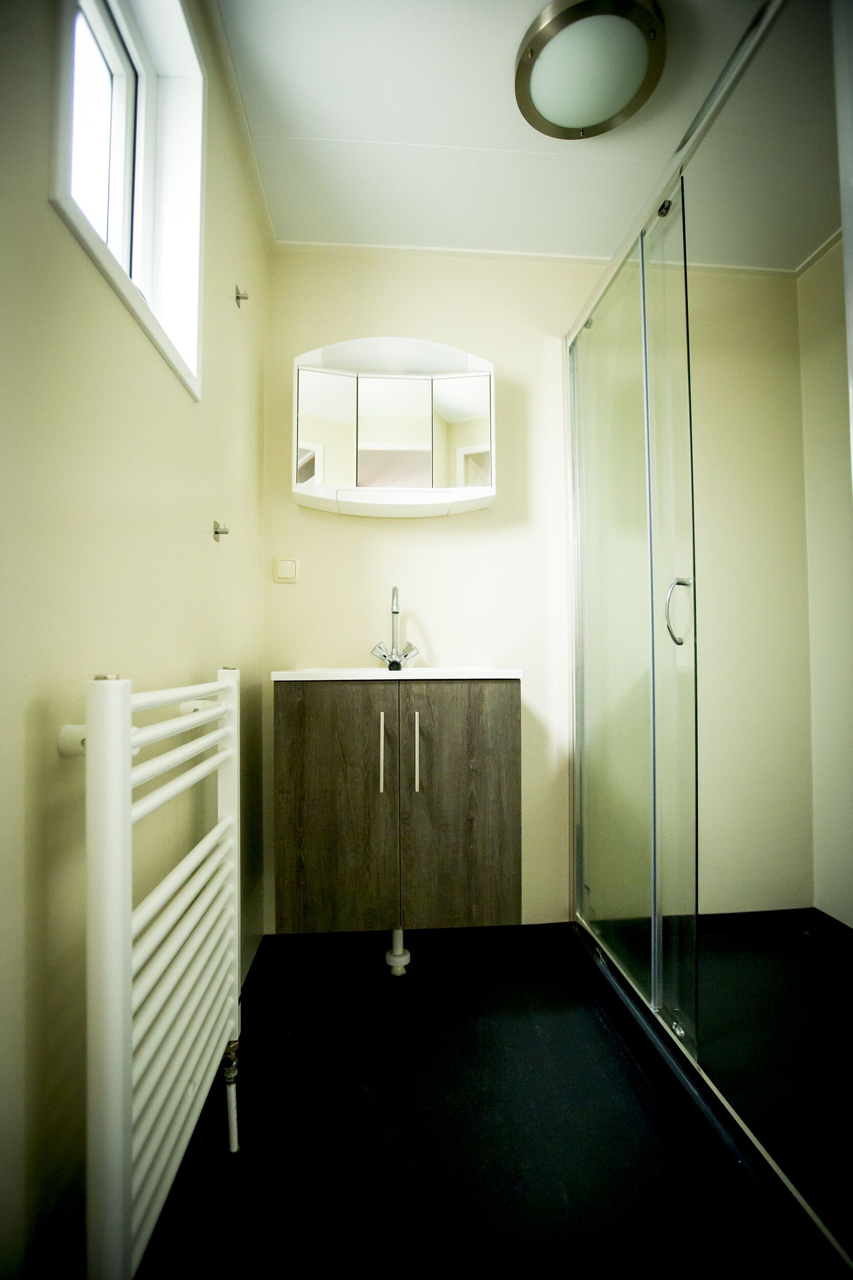 A bathroom with a white radiator, a wooden cabinet, a glass shower enclosure, and a mirror above the sink.
