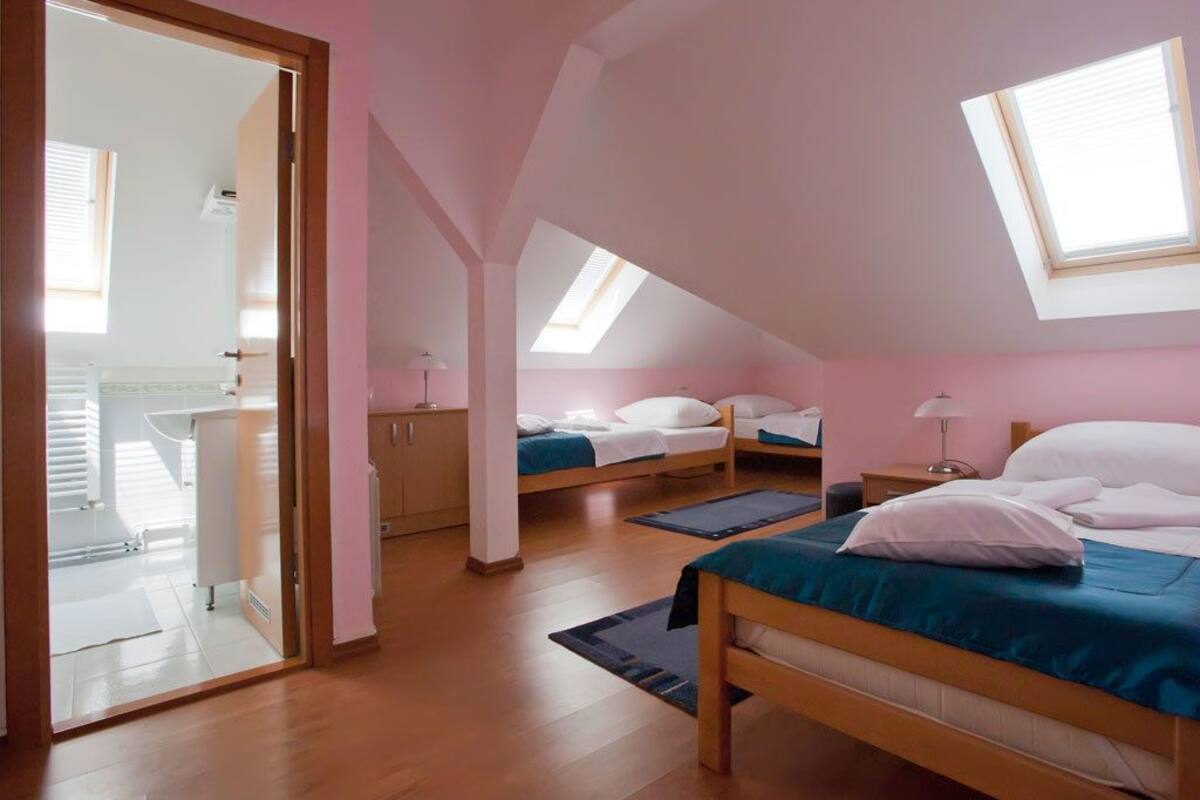 A bedroom with two beds, a wooden floor, a skylight, and a door leading to another room.