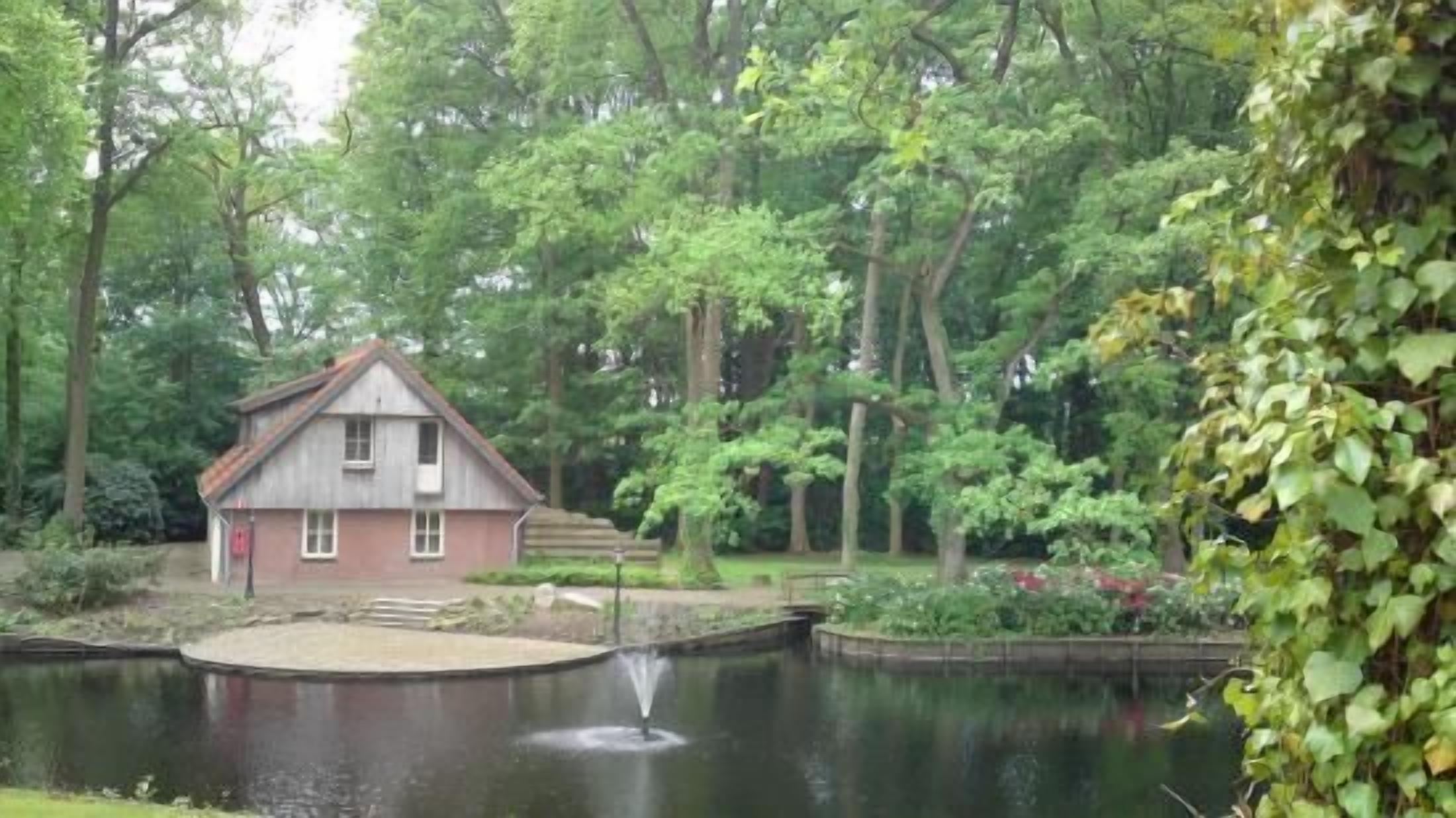 Ein kleines Haus mit Teich, umgeben von Bäumen.