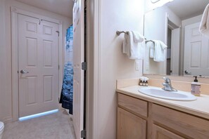 Combined shower/tub, hair dryer, towels, shampoo